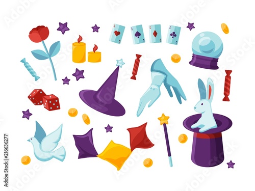 Bundle of equipment and tools for performing magic show and magical tricks isolated on white background - bunny sitting in top hat, playing cards, white dove. Flat cartoon colored vector illustration.
