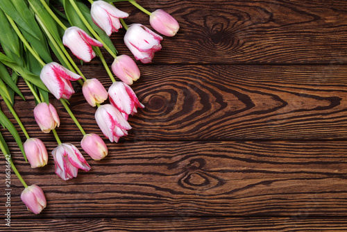 Beautiful pink tulips on wood  background