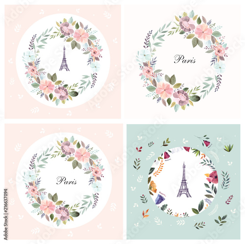 Set of vector illustration with Eiffel tower with a watercolor floral wreath