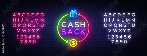 Cash Back Neon Logo Vector. Cash Back neon sign, design template, modern trend design, casino neon signboard, night bright advertising, light banner, light art. Vector. Editing text neon sign