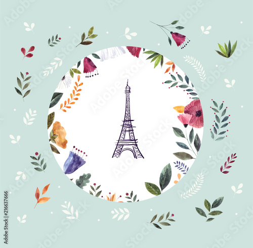 Vector illustration with Eiffel tower in a floral circle
