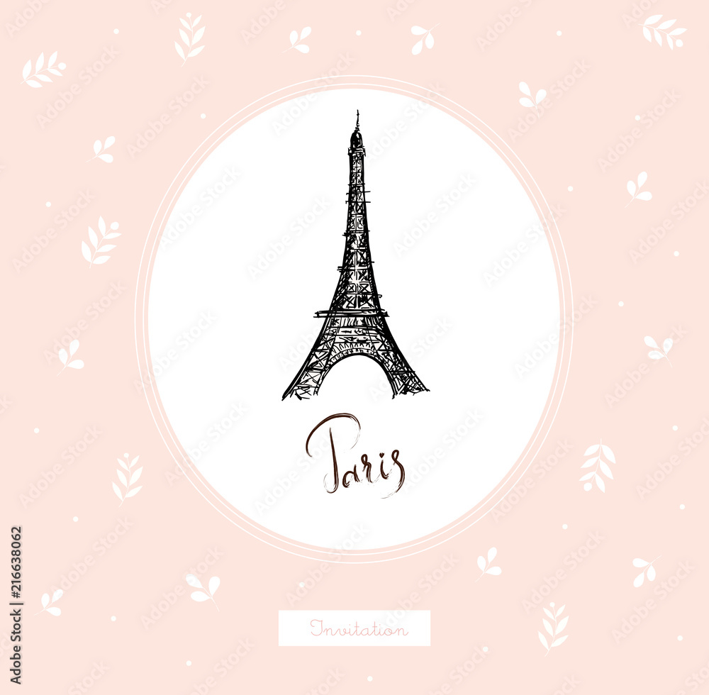 Vector illustration with Eiffel tower in a circle on a pink background
