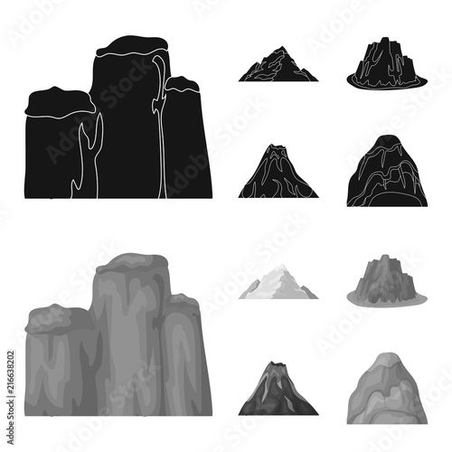 Sheer cliffs, a volcanic eruption, a mountain with a beach, a glacier. Different mountains set collection icons in black,monochrom style vector symbol stock illustration web.