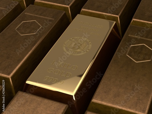 Foto 3D illustration of a gold bullion cryptocurrency bitcoin and a variety of gold bullion rusty, old gold