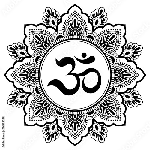 Circular pattern in form of mandala for Henna, Mehndi, tattoo, decoration. Decorative ornament in oriental style with ancient Hindu mantra OM. Coloring book page.