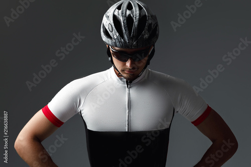 portrait of cyclist wearing helmet photo