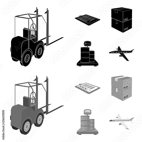 Forklift, delivery slips, packaged goods, cargo on weighing scales. Logistics and delivery set collection icons in black,monochrom style isometric vector symbol stock illustration web.