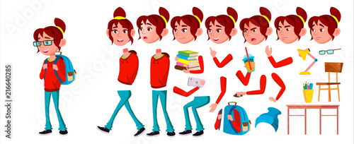 Girl Schoolgirl Kid Vector. High School Child. Animation Creation Set. Emotions  Gestures. School Student. Expression  Positive Person. Web  Brochure  Poster Design. Animated. Cartoon Illustration