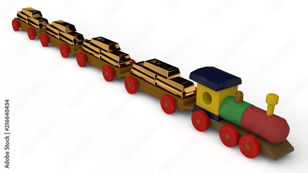 3D illustration of a wooden multi-colored train, toy. Train, train, lucky in the cars of gold bullion. Isolated image on white background, idea of budget, Fund, gold reserve, capital. 3D illustration of a wooden multi-colored train, toy. Train, train, lucky in the cars of gold bullion. Isolated image on white background, idea of budget, Fund, gold reserve, capital.