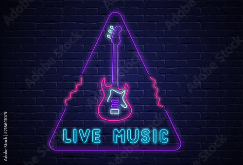 Live music colorful signboard on black realistic bricklaying wall.