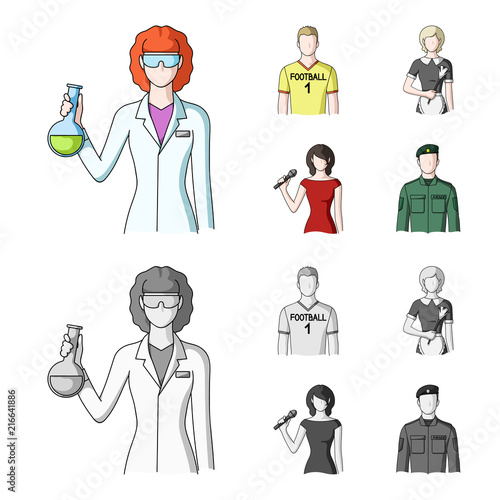 Woman chemist, football player, hotel maid, singer, presenter.Profession set collection icons in cartoon,monochrome style vector symbol stock illustration web.