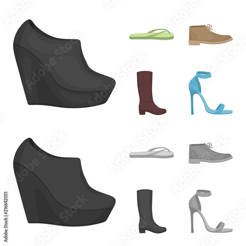 Autumn black shoes on a high platform, flip-flops green for relaxation, sandy men autumn shoes, high brown boots. Shoes set collection icons in cartoon,monochrome style vector symbol stock