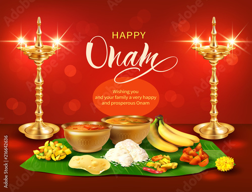 Happy Onam background with oil lamps (diyas) and traditional food (sadya) served on banana leaf for South India harvest festival. Vector illustration.