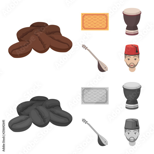 Turkish carpet, saz, drum, turkish men.Turkey set collection icons in cartoon,monochrome style vector symbol stock illustration web.