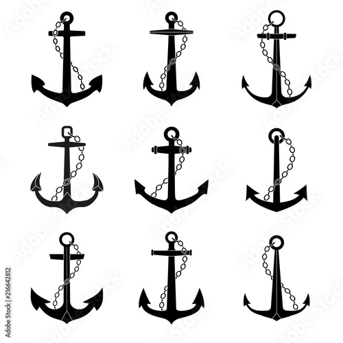 Anchor with chain icons set. Marine and nautical emblems collection.