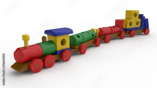 3D illustration of a wooden toy, a train with a car and designer details. Toy of wooden elements, transport designer, the idea of childhood, gift, development. Image on white background, isolated.