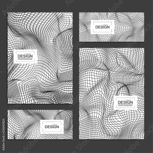 Set of book covers and banners design template with distorted wave monochrome texture. Vector stripe deformation background.