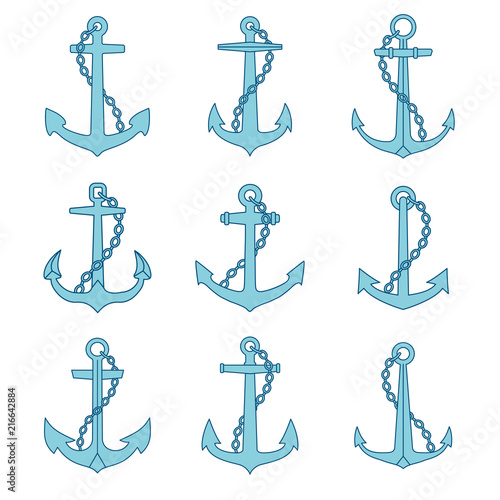 Anchor with chain icons set. Marine and nautical emblems collection.