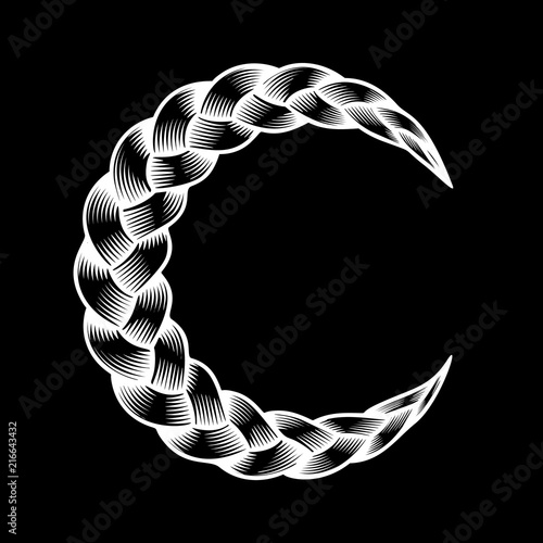 Pigtail moon symbol on night sky. White curly wavy