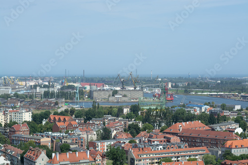 Townscape with red roofs in old city Gdansk made from top, aerial landscape with tilt-shift lens