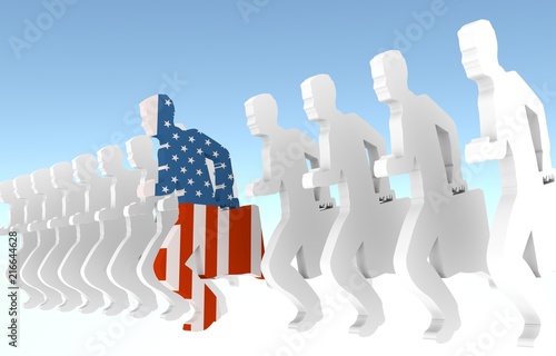 Special ruuning out from the crowd. Business leader with briefcase textured by flag of the USA. 3D rendering photo