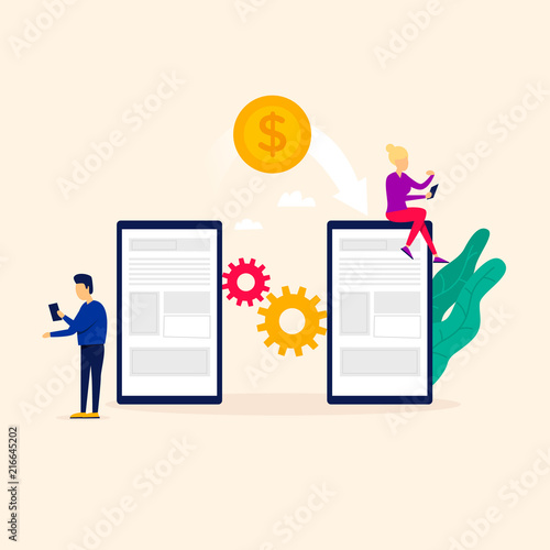 Money transfer mobile, technology. Flat style vector illustration.