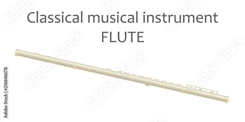 Flute. Vector illustration of classical musical instrument flute in flat style isolated on white background. Wind musical instrument. Concept of music and entertainment. 