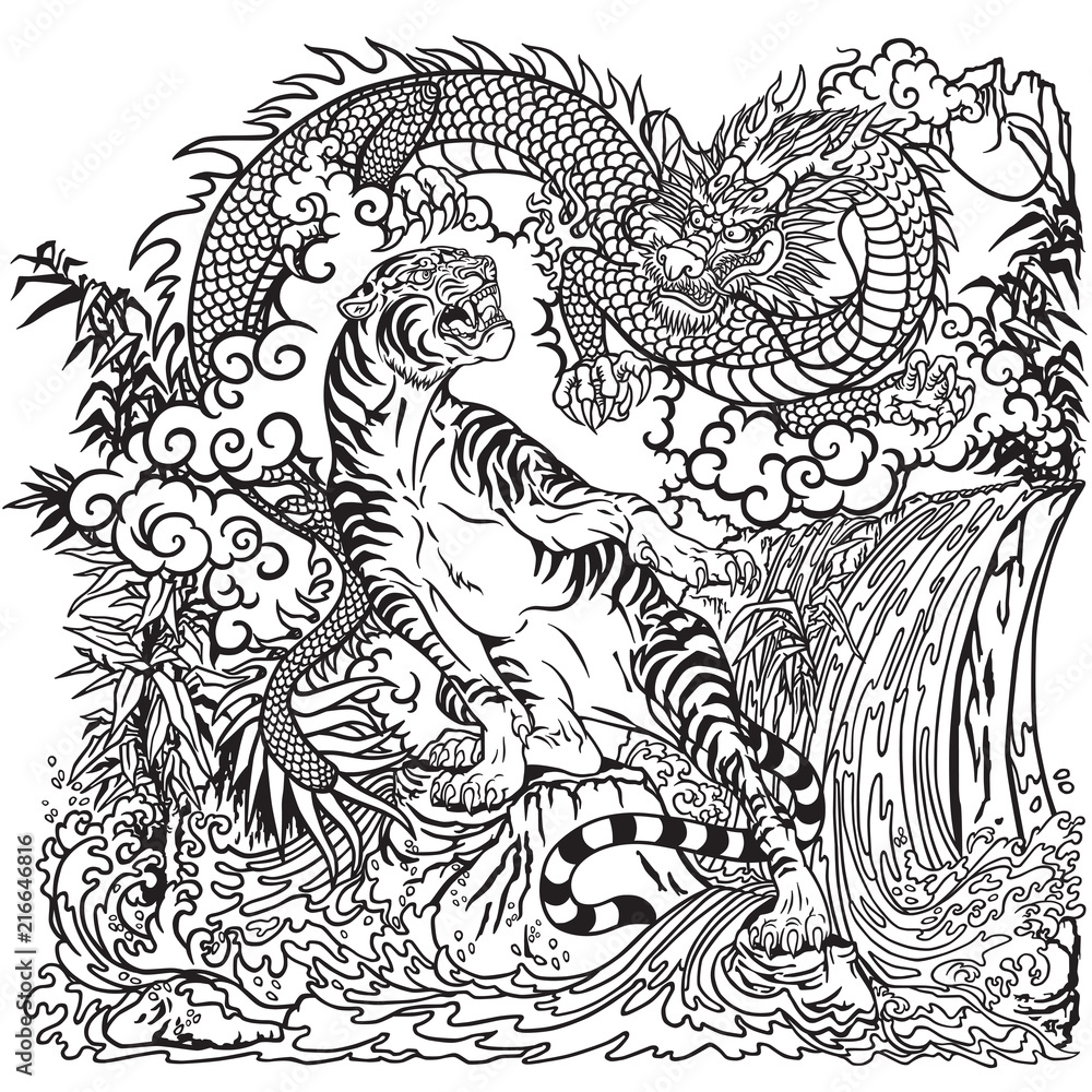 Chinese dragon and tiger in the landscape with waterfall , rocks