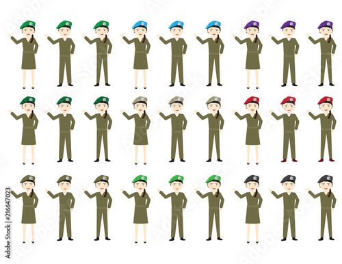 Set Of cartoon soldiers Females and males with hats in different colors