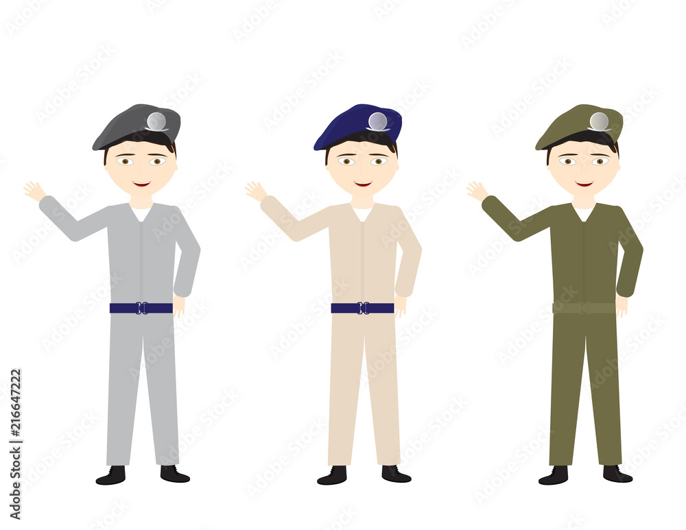 Male soldiers in Various uniform colors waving hello