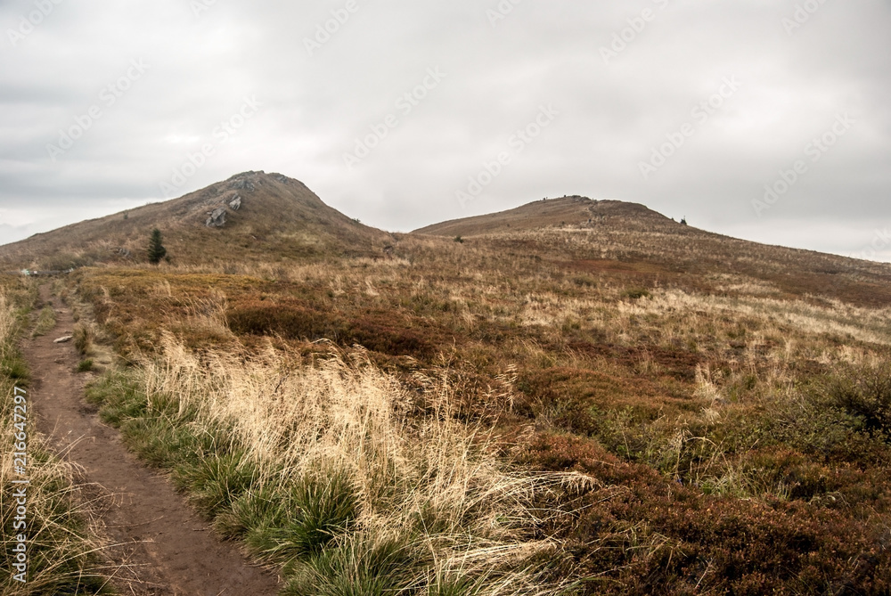 Fototapeta premium Rozsypaniec and Halicz hills with mountain meadows and rocks in autumn Bieszczady mountains in Poland