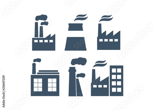 Set of industry manufactory building icons. Plant and factory, power and smoke, oil and energy