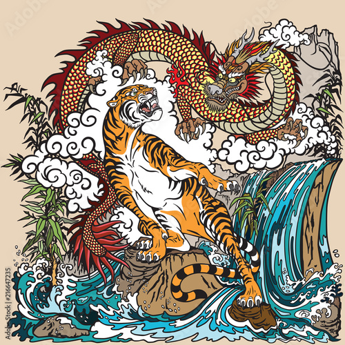 Chinese dragon and tiger in the landscape with waterfall , rocks ,plants and clouds . Two spiritual creatures in the Buddhism representing the spirit heaven and matter earth. Vector illustration