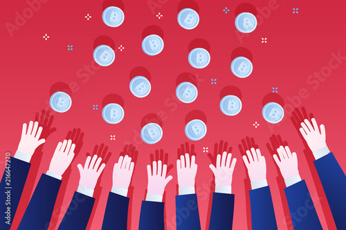 Concept of Crypto currency. Hands reach for bitcoin