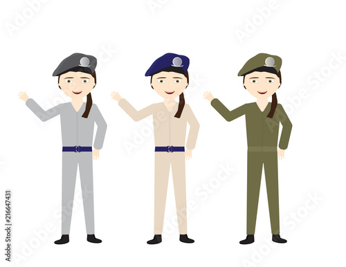 Female soldiers in Various uniform colors waving hello