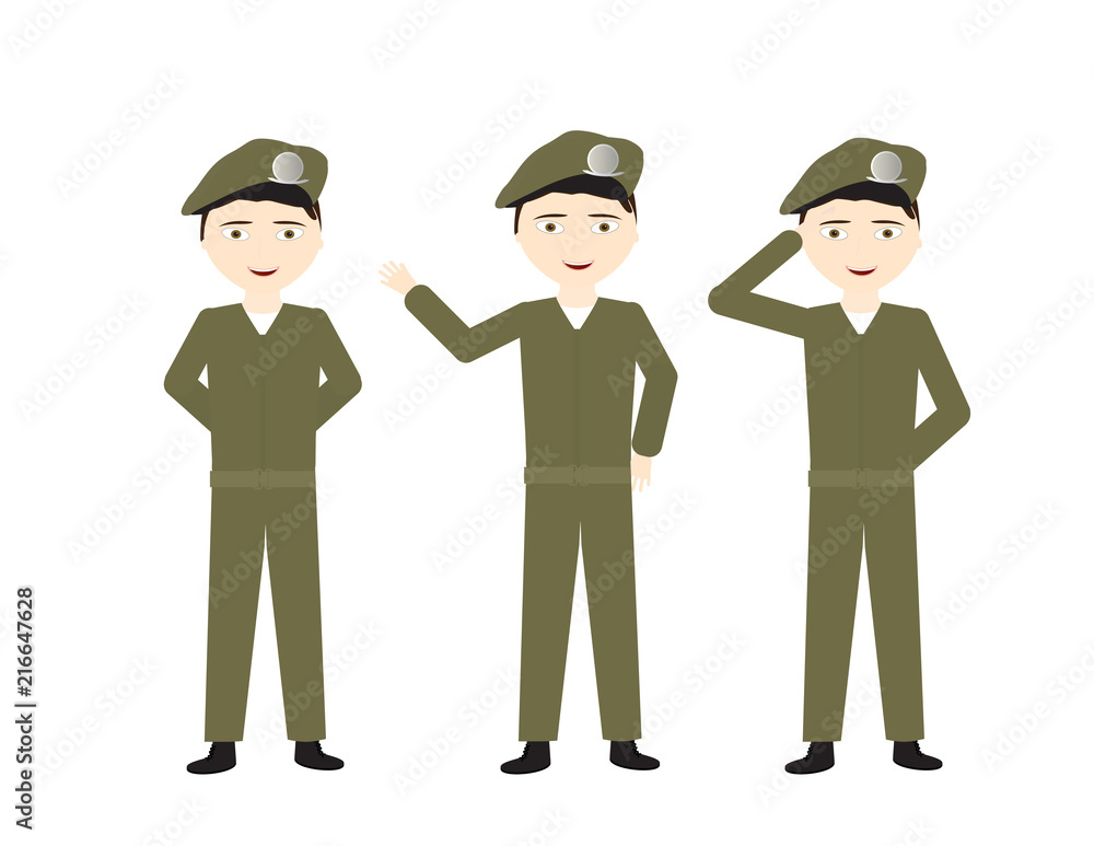 Male soldiers with green uniform and different poses - Stand, Hello, Salute Male soldiers with green uniform and different poses - Stand, Hello, Salute