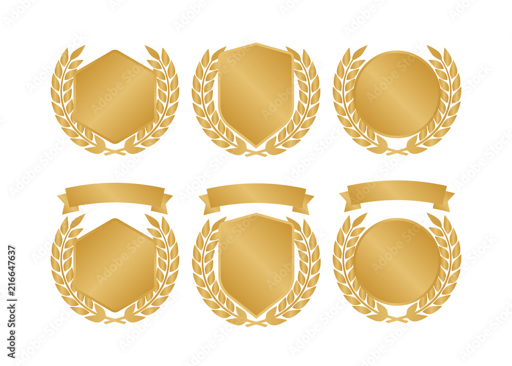 Golden shields laurel badges collection. Gold medal vector illustration. Golden shields laurel badges collection. Gold medal vector illustration.