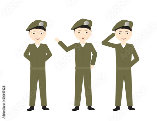 Male soldiers with green uniform and different poses - Stand, Hello, Salute