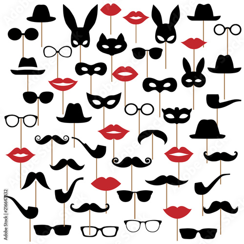 Set Illustrations of hats, glasses, masks, lips and moustaches. Vector