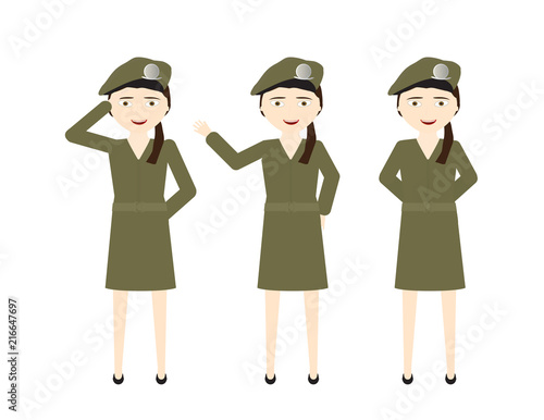 Female soldiers with green uniform skirt and different poses - Stand, Hello, Salute