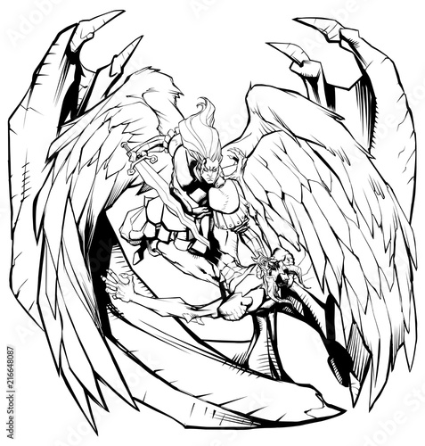 Stampa su Tela Line art illustration of Archangel Michael defeating Satan.