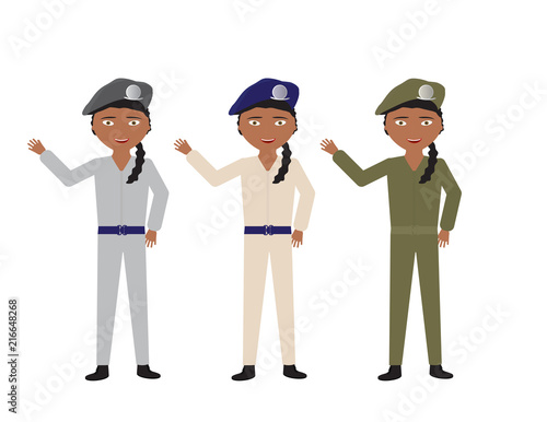 Female soldiers in Various uniform colors waving hello