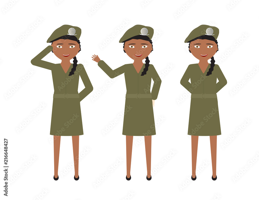 Female soldiers with green uniform skirt and different poses - Stand, Hello, Salute Female soldiers with green uniform skirt and different poses - Stand, Hello, Salute
