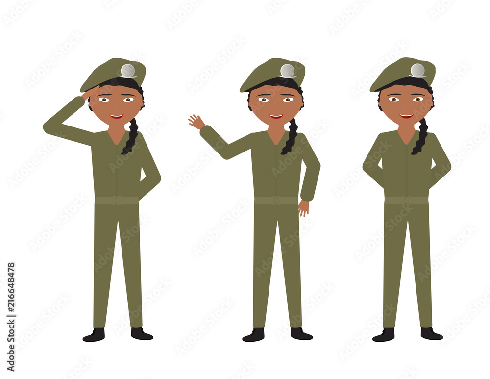 Female soldiers with green uniform and different poses - Stand, Hello, Salute