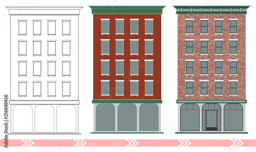 A classic American brick multi-storey house. Stages of designing and building a classical building.