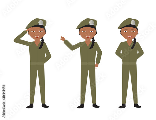 Female soldiers with green uniform and different poses - Stand, Hello, Salute