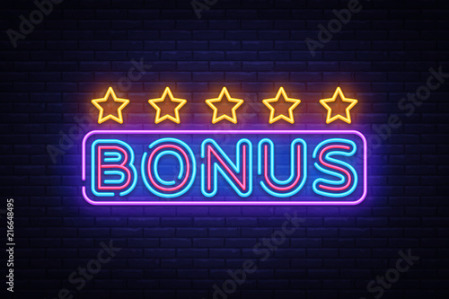 Bonus Neon Text Vector. Bonus neon sign, design template, modern trend design, night neon signboard, night bright advertising, light banner, light art. Vector illustration
