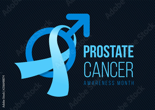 Prostate cancer Awareness month banner with blue light ribbon and male sign on dark background vector design