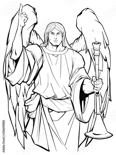 Line art portrait of Archangel Gabriel praising the lord and holding a trumpet. 