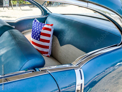 american flag cushion in vintage car
